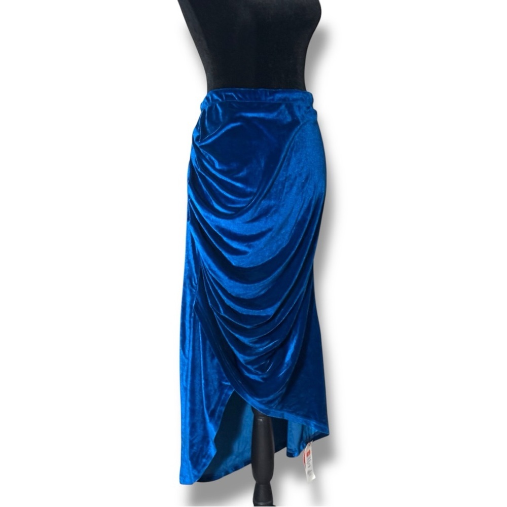 Cider NWT Elegant Royal Blue Asymmetrical Elastic Waist Velvet Midi Skirt - Picture 5 of 15